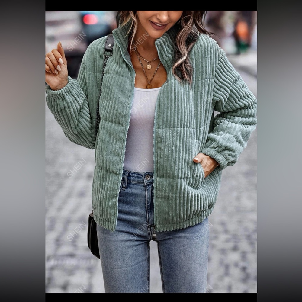 2/50 corduroy puffer coat mint sage green size large bomber style jacket